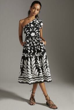ANTHROPOLOGIE Black White Floral Embroidered One Shoulder Midi Dress Sz 4